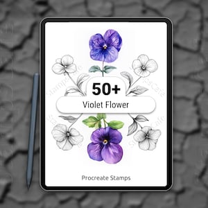 May include: A digital tablet displays a collection of violet flower illustrations. The image features a central banner with the text "50+ Violet Flower" and the words "Procreate Stamps" at the bottom. A stylus rests on the side.