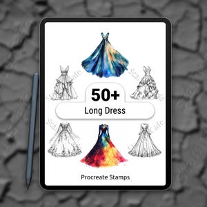 Procreate-stämplar för lång klänning | 50+ Procreate-penselset för elegant klänning | Stämplar för modekläder för Procreate | Digitalt konststämpelpaket