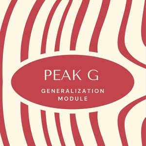 May include: A red and white abstract design with a red oval in the center. The oval contains the text "PEAK G GENERALIZATION MODULE".