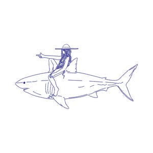May include: A blue line drawing depicts a person riding a shark. The person is wearing a hat and pointing with one arm. The shark is swimming to the right. The background is white.