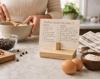 Handmade Wooden Recipe Card Holder, Rustic Kitchen Recipe Stand, Farmhouse Countertop Card Display, Baking Gift for Home Cook