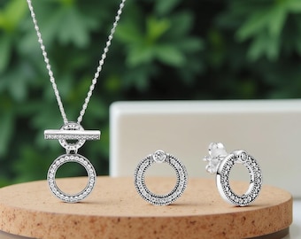 Sterling Silver T-bar Necklace & CZ Circle Stud Earrings Gift Set