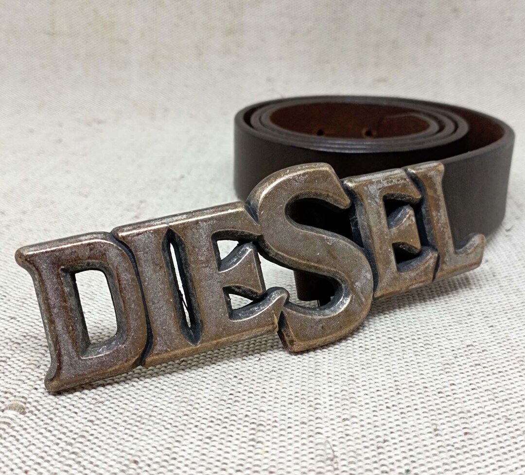 小物 DIESEL leather BELT BIG LOGO BK vintage Vintage Diesel Brown Leather Belt – Large Logo Metal Buckle