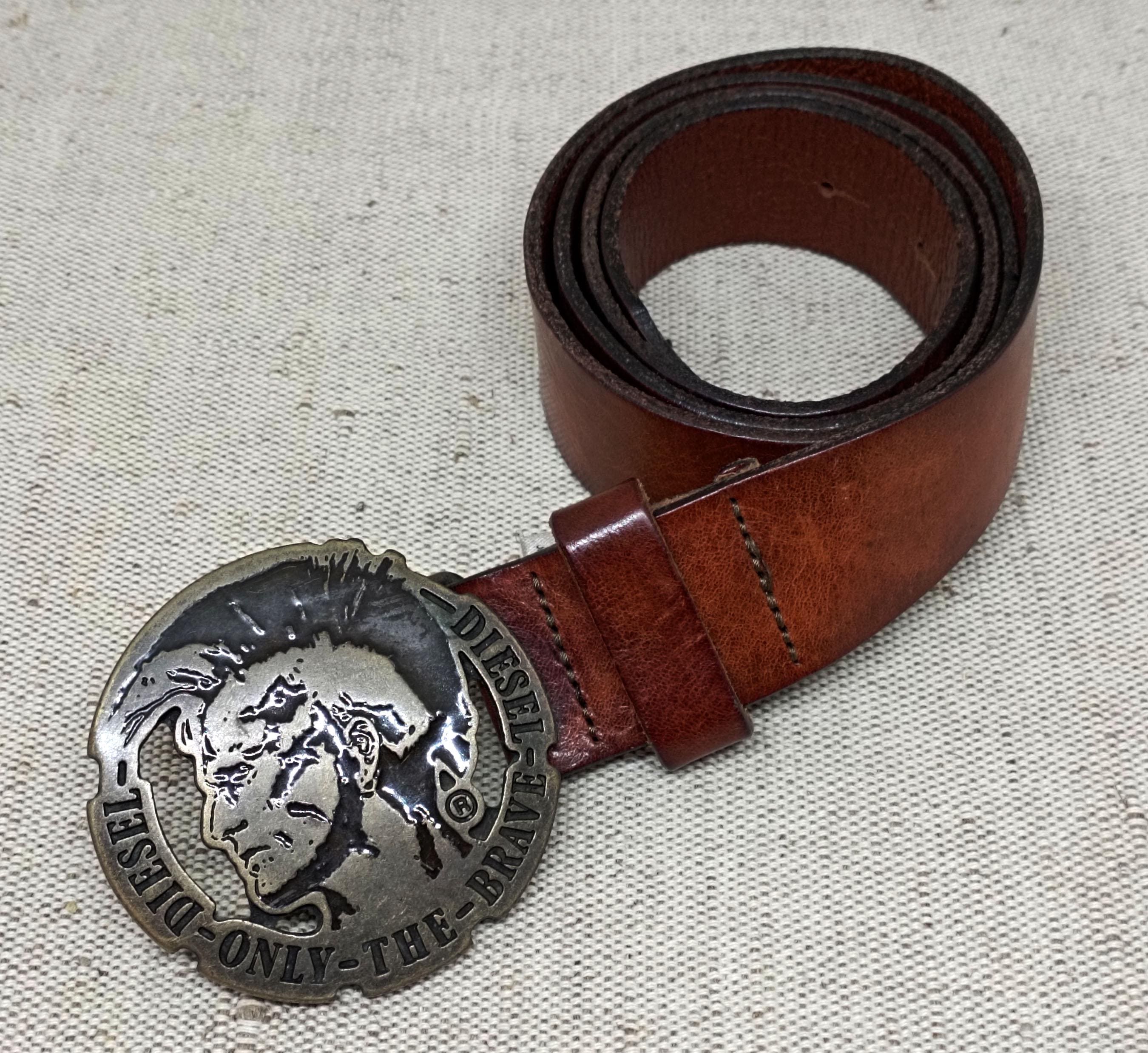 Vintage Diesel Leather Belt – “only the Brave” Logo Buckle – Size