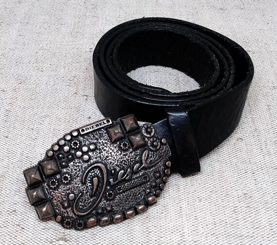 Vintage Diesel Black Leather Belt With Original Buckle, Size  display picture 2