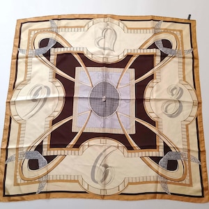 Vintage silk scarf Creation Projectif 88x88 cm – Piaget-inspired theme – hand-rolled edges – brown/beige
