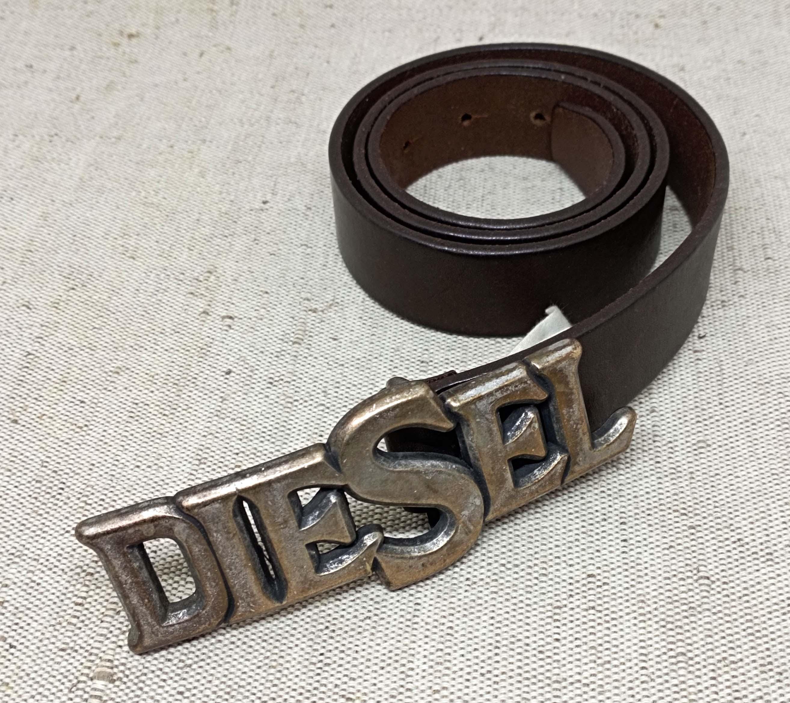 小物 DIESEL leather BELT BIG LOGO BK vintage Vintage Diesel Brown Leather Belt – Large Logo Metal Buckle