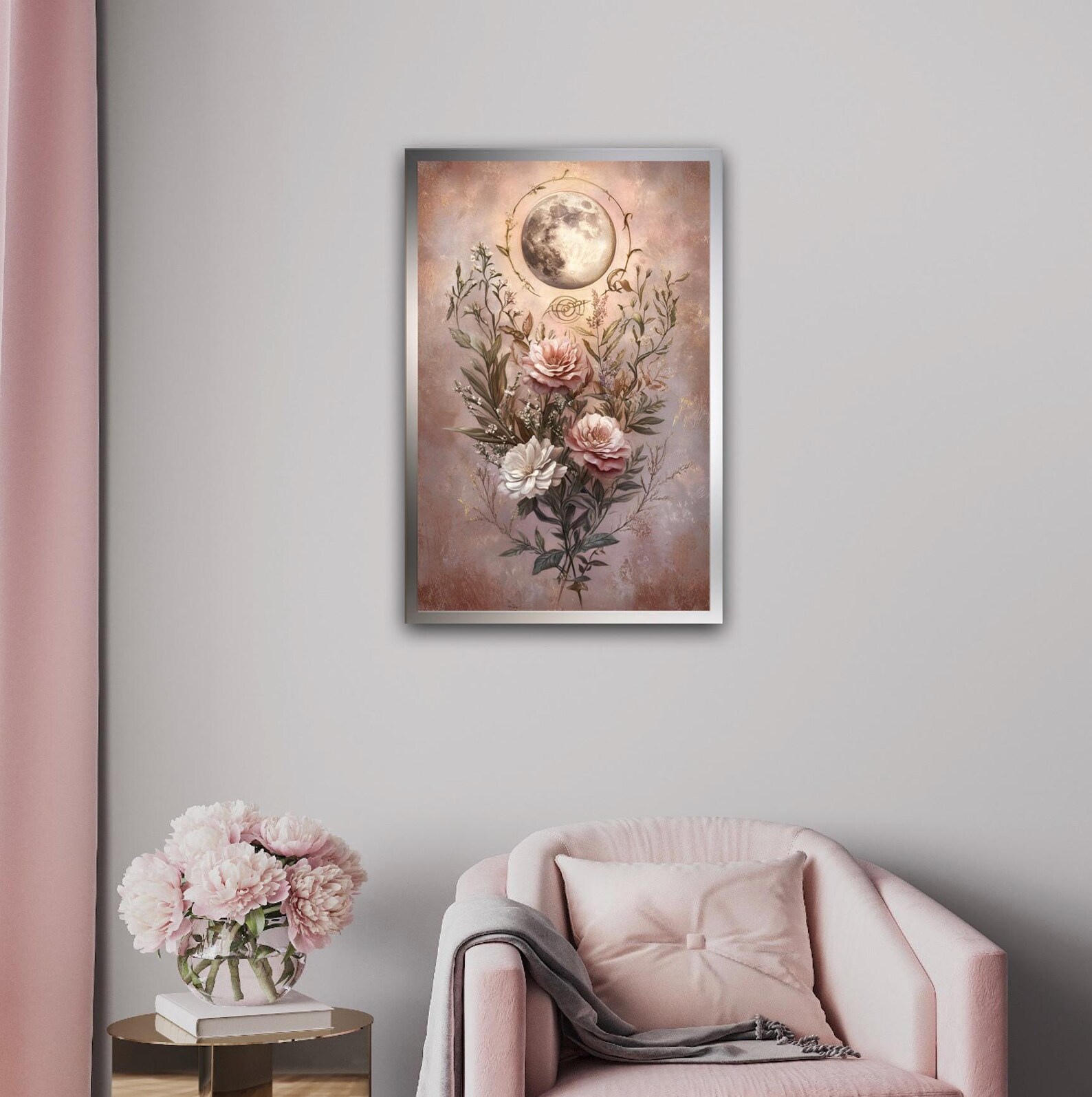 Blush Pink Full Moon Art Print | Floral Moon Wall Art | Celestial ...