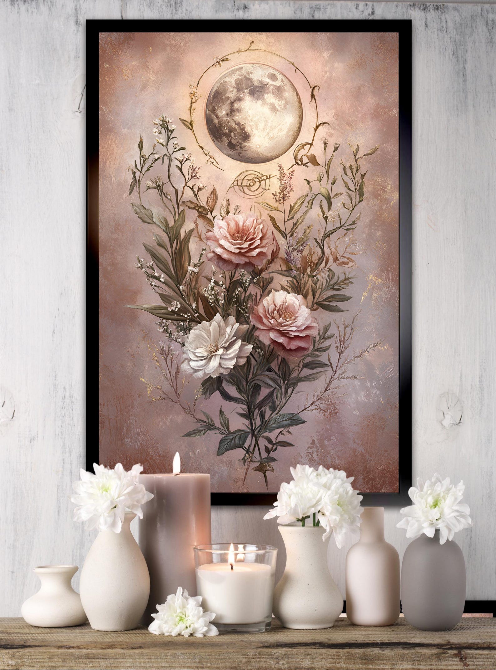Blush Pink Full Moon Art Print | Floral Moon Wall Art | Celestial ...