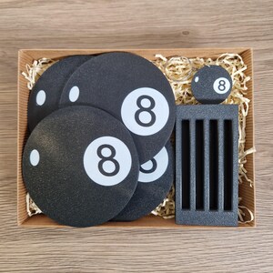 Black 8 Ball, Coaster, Optional Display Stand. Also Available As A Gift Set. Gift Set