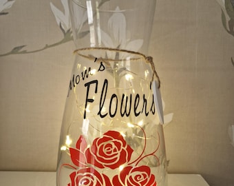 Printed Glass Vase, Rose Pattern, Wooden Heart, LED Lights