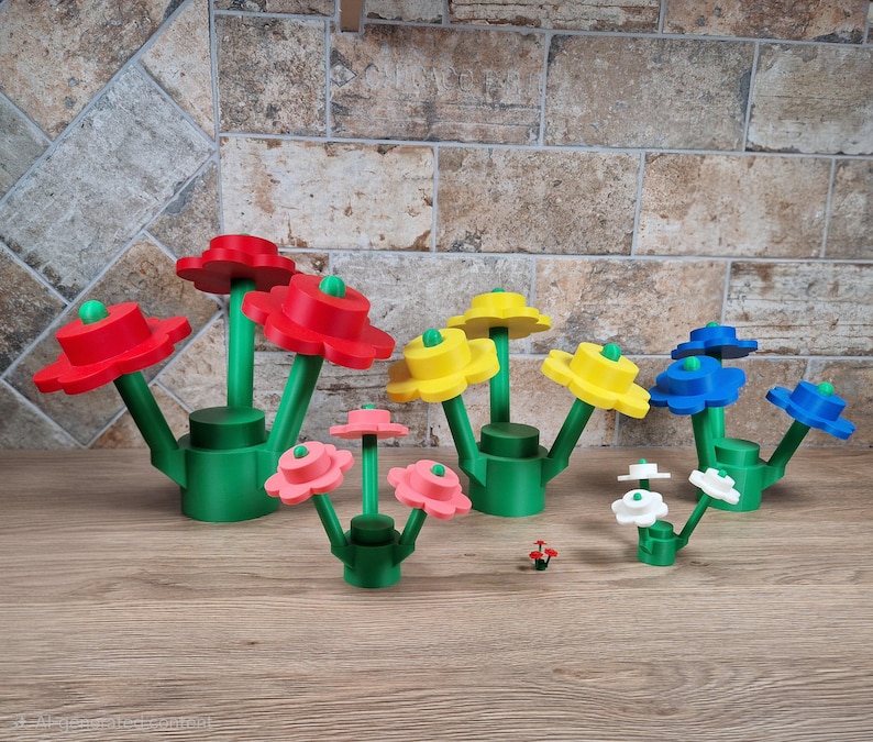 May include: A collection of colorful, stylized flower sculptures. The flowers are red, yellow, blue, pink, and white, with green stems and bases. The flowers are made of plastic and are arranged on a wooden surface.