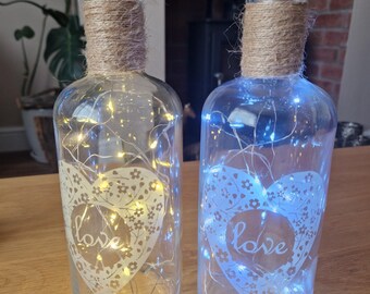 Glass Etched love heart bottle with led lights/lamp
