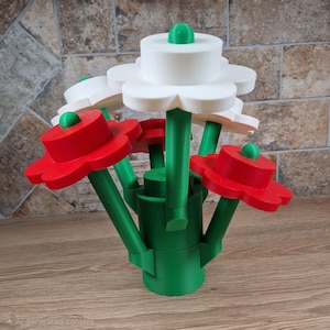 May include: A colorful, stylized flower arrangement. The bouquet features red and white flower heads with green stems and accents. The flowers are arranged in a green vase, creating a vibrant and playful display.
