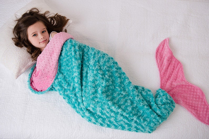 Mermaid Tail Mermaid Blanket Mermaid Sleep Sack Minky Mermaid Tail Girls Bedding-Minky Bedding Coral Mermaid Blanket #4 teal/hot pink