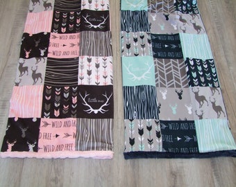Woodland Minky Blanket - Baby Boy Blanket - Baby Girl Blanket - Deer Antler Bedding - Designer Minky Blanket - Woodgrain Minky-