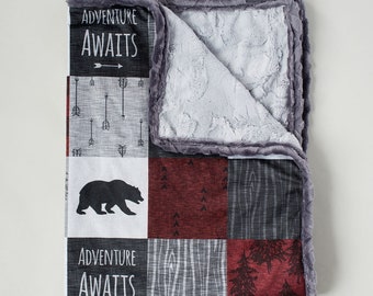 Gray Red Adventure Awaits Minky Blanket - Designer Minky Blanket - Moose Minky Blanket - Bear Blanket -Designer Minky Fabric