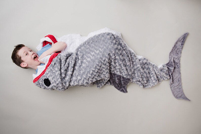 Shark Sleep Sack Shark Blanket Shark Bedding Ocean Theme Bedding Child to Adult Sizes Gray Minky Bedding Teen Bedding Shark Tail image 4