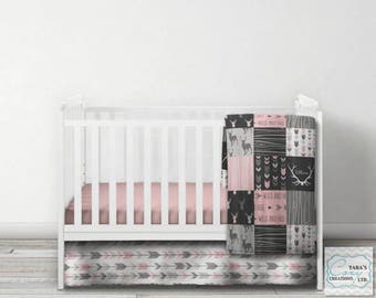 Woodland Nursery Set  - Designer Minky Blanket - Pink Gray Woodgrain Minky Blanket - Woodlands Blanket -Designer Minky- -