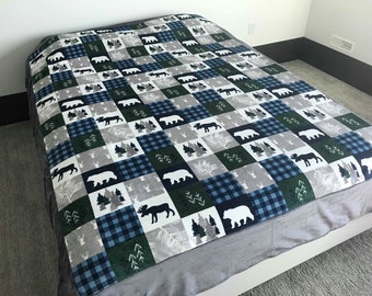 Cabin Patchwork MINKY Blanket - Moose Blanket  - Woodlands Minky -Forest Animals - Minky Bear Bedding - Woodland Bedding-Ships in 1 week