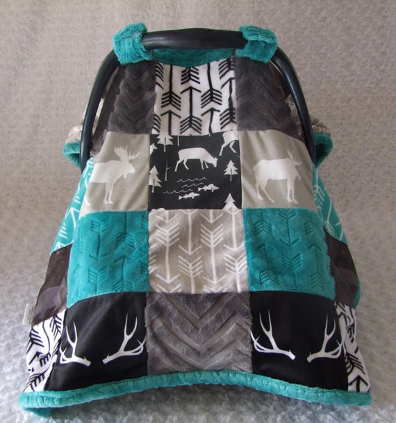 Woodland Minky Car Seat Cover Deer Canopy Blanket Gray Teal Soft