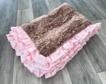 Fawn MINKY Blanket- Deer Blanket - Pink Minky Blanket - Pink Deer Bedding - Fawn Blanket-