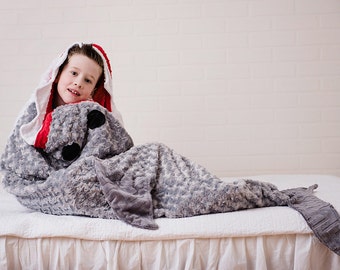 Shark Sleep Sack- Shark Blanket- Shark Bedding- Ocean Theme Bedding- Child to Adult Sizes - Gray Minky Bedding- Teen Bedding- Shark Tail -