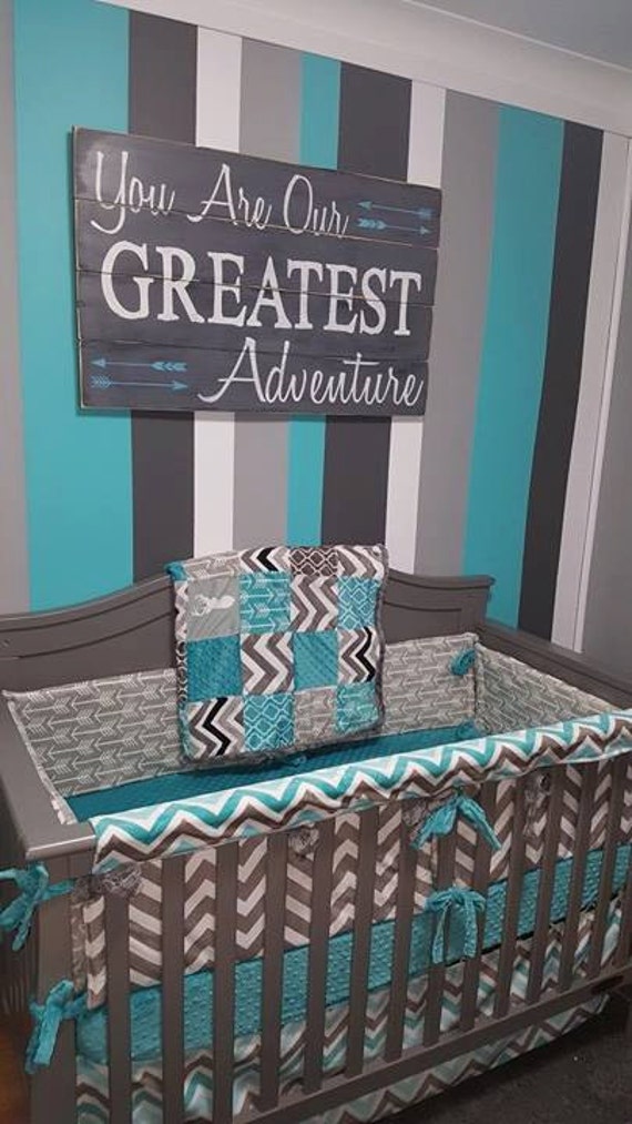 teal and gray baby bedding
