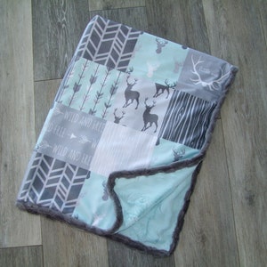 Woodland Minky Blanket - Baby Boy Blanket - Mint Gray Buck Blanket - Deer Bedding - Designer Minky Blanket - Woodgrain Minky-