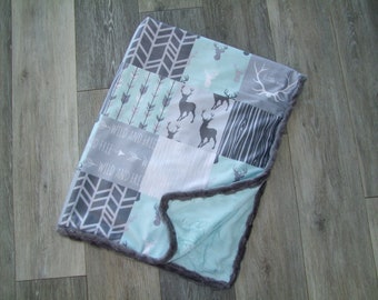 Woodland Minky Blanket - Baby Boy Blanket - Mint Gray Buck Blanket - Deer Bedding - Designer Minky Blanket - Woodgrain Minky-