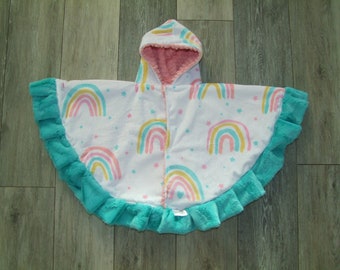 Rainbow Poncho - Girl Poncho - Baby Ponchos - Minky Ponchos - Child Ponchos -  Rainbow Fabric  PONCHO- Car Seat Safe- All MINKY-