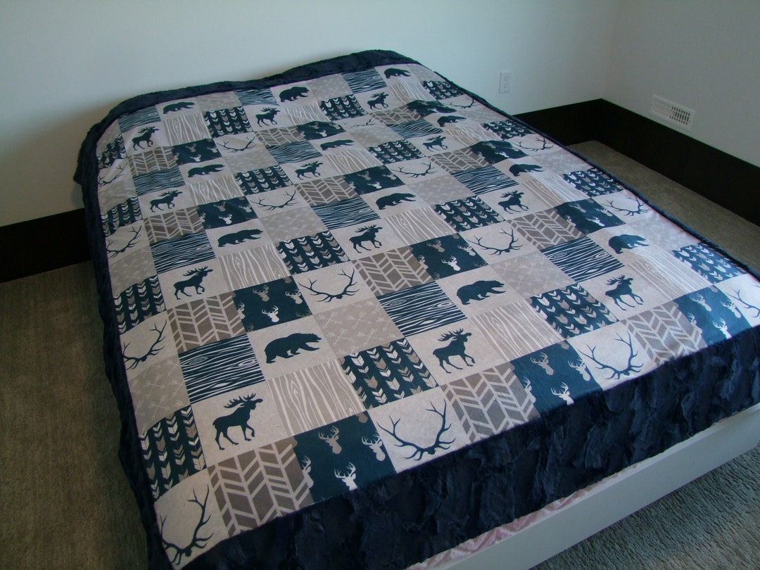 Navy Gray Woodland Patchwork MINKY Blanket Twin Bed Woodland Bedding Queen Bedding Designer
