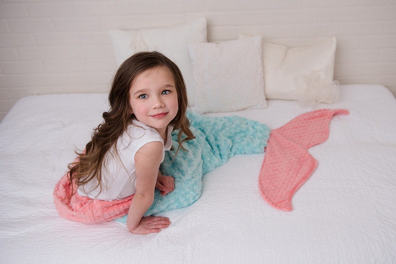 Mermaid Tail Mermaid Blanket Mermaid Sleep Sack Minky Mermaid Tail Girls Bedding-Minky Bedding Coral Mermaid Blanket #1 aqua/coral