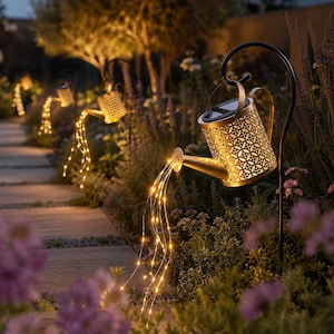 Puede incluir: Una regadera decorativa de metal con un patrón geométrico cortado a láser y un panel solar en la parte superior. Una cascada de hilos finos y flexibles con pequeñas luces LED de color blanco cálido fluye desde el pico, imitando agua.