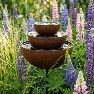 May include: A three-tiered water fountain featuring stacked, rust-colored, hemispherical bowls. Each bowl is filled with water, creating a cascading effect. The fountain is supported by a thin, dark metal pole centered within the structure.
