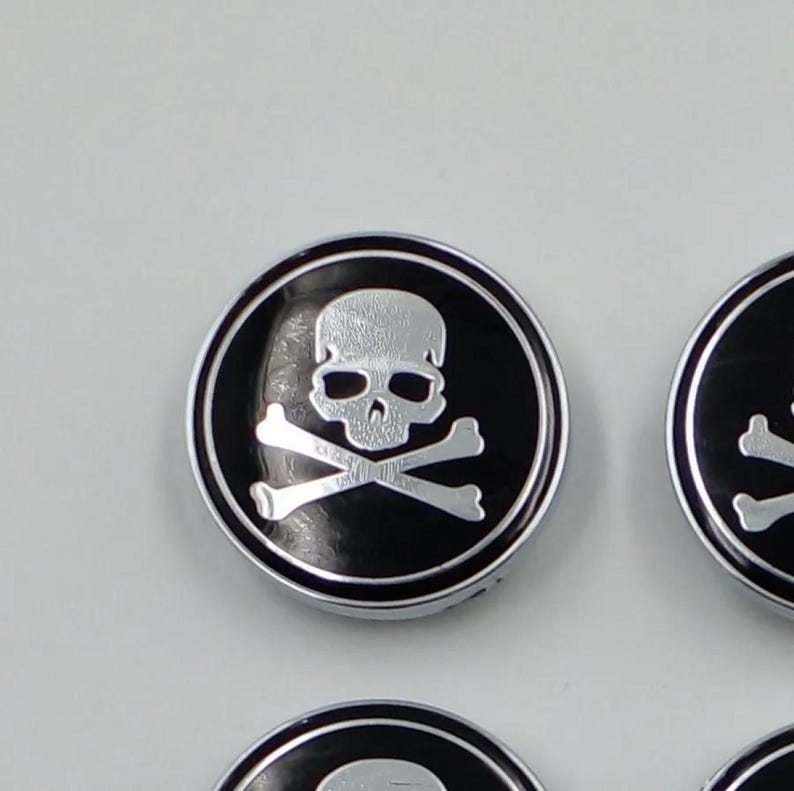 May include: Circular black and silver emblem featuring a skull and crossbones design. The skull is white, and the crossbones are silver, set against a black background. The emblem has a shiny, metallic appearance.