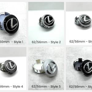 Könnte beinhalten: Sechs Lexus-Radnabenabdeckungen in verschiedenen Ausführungen werden gezeigt. Die Kappen sind in Schwarz, Silber und Grau gehalten und tragen jeweils das Lexus-Logo. Der Text gibt die Abmessungen jeder Kappe an, mit Größen von 62/60 mm und 62/56 mm, sowie eine Stilnummer.