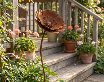 Estaca de jardín de amapola de metal, estaca de flores de metal, arte de flores de amapola, arte rústico para jardín, arte de patio de metal, escultura de jardín, decoración para exteriores
