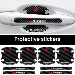 May include: Protective stickers for Mitsubishi vehicles. The stickers are black with a carbon fiber pattern and a red Mitsubishi logo. The set includes door handle protectors and door edge guards.