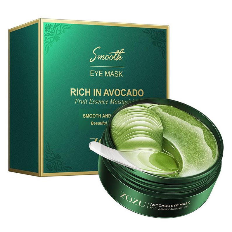 May include: Green and gold box with the text "Smooth Eye Mask Rich in Avocado Fruit Essence Moisturizing Smooth and Beautiful" and a green jar with a white scoop containing green eye patches.