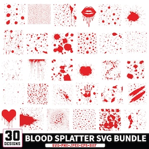 Peut inclure: Ensemble de 30 motifs de taches de sang rouges, avec diverses formes et motifs, notamment des gouttes, des éclaboussures et une empreinte de main. Le tout sur fond blanc. Le texte "BLOOD SPLATTER SVG BUNDLE" est affiché en bas.