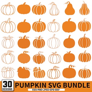 Op de afbeelding: Een oranje en witte afbeelding met 30 pompoenontwerpen in verschillende vormen en stijlen. De tekst "30 Designs" staat in een wit kader linksonder. De tekst "PUMPKIN SVG BUNDLE" is oranje met de bestandstypen eronder.