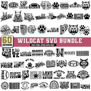 Może przedstawiać: Kolekcja 60 wzorów SVG z motywem dzikich kotów. Projekty obejmują różne ilustracje dzikich kotów, ślady łap i tekst, taki jak "Wildcats", "Pride" i "Nation". Projekty są w kolorze czarno-białym.