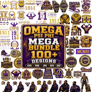 Könnte beinhalten: Eine digitale Sammlung von Omega Psi Phi Fraternity-Grafiken in Lila und Gold mit Bulldoggen-Maskottchen, griechischen Buchstaben und dem Text Omega Psi Phi Mega Bundle 100+ Designs SVG PNG JPG EPS DXF in einem Rasterlayout.