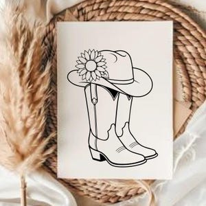May include: Black and white illustration of a cowboy hat adorned with a sunflower, resting atop a pair of cowboy boots. The boots have a classic design with pointed toes and angled heels. The image is set against a neutral background.