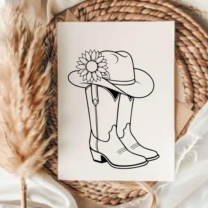 May include: Black and white illustration of a cowboy hat adorned with a sunflower, resting atop a pair of cowboy boots. The boots have a classic design with pointed toes and angled heels. The image is set against a neutral background.