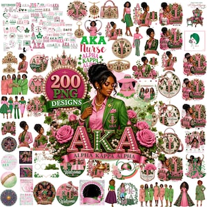 May include: A digital collection of 200 PNG designs featuring Alpha Kappa Alpha sorority themes, including illustrations of people in pink and green attire, floral accents, crowns, pearls, and text elements like AKA, 1908, and Alpha Kappa Alpha.