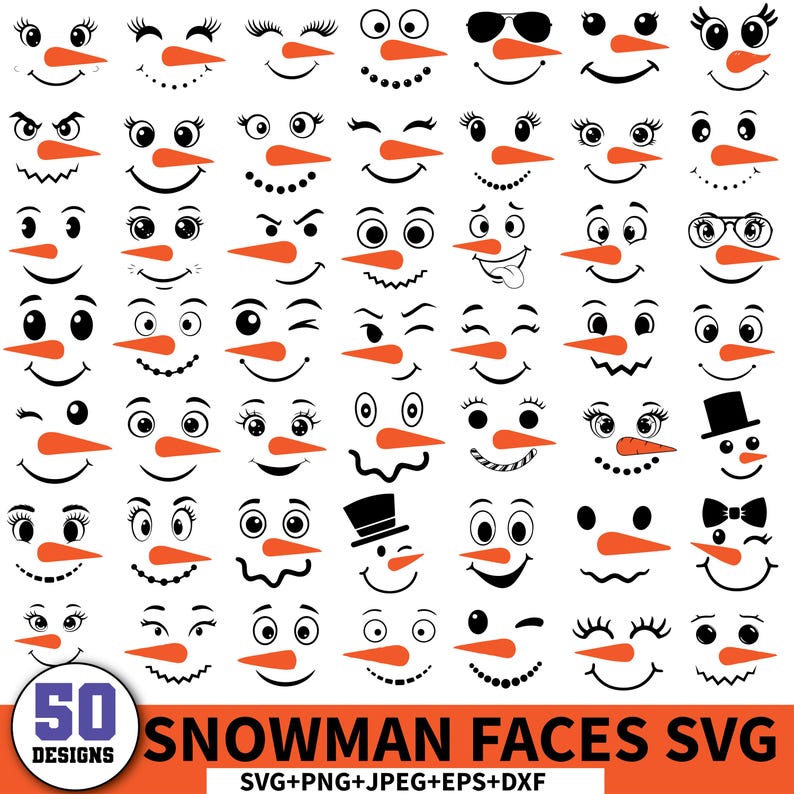 May include: A collection of 50 snowman face designs in SVG, PNG, JPEG, EPS, and DXF formats. Each face features a carrot nose, coal eyes, and a variety of smiles and expressions. Some snowmen wear hats, sunglasses, or have eyelashes.