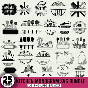 Könnte beinhalten: Eine Sammlung von 25 schwarz-weißen Küchenmonogramm-Designs im SVG-, PNG-, JPEG-, EPS- und DXF-Format. Die Designs umfassen Küchenutensilien, Kochmützen und dekorative Elemente.