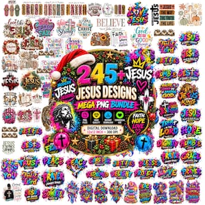 Puede incluir: Una colección digital de más de 245 diseños gráficos con temática de Jesús que presenta tipografía vibrante y multicolor, símbolos religiosos e ilustraciones. El gráfico central muestra el texto 245+ JESUS DESIGNS MEGA PNG BUNDLE.